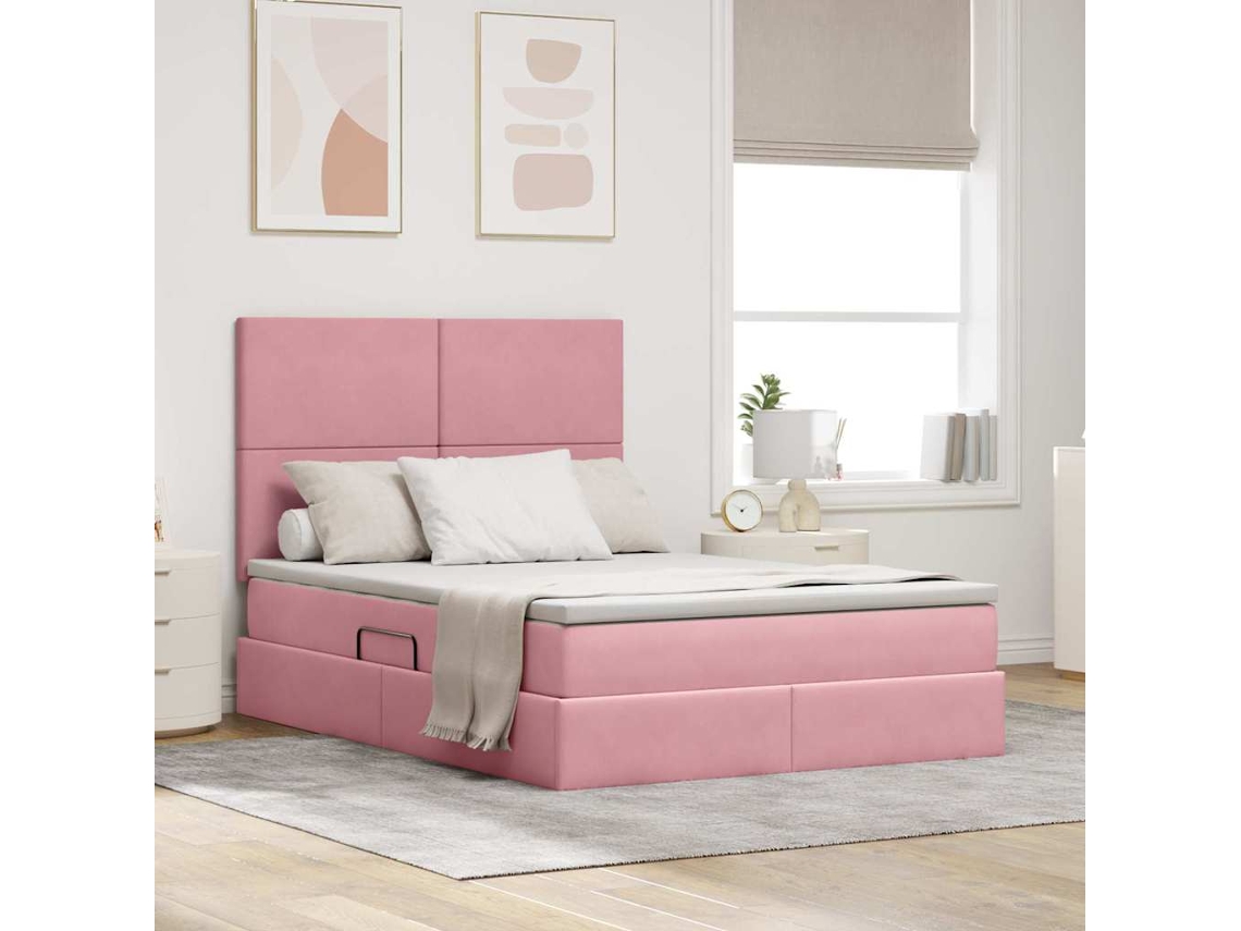 Vidaxl Cama De Armazenamento Led Com Colchão Rosa 140 X 200 Cm Veludo