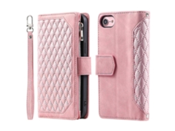 Capa Tipo Carteira De Couro Com Zíper E Alça Para Iphone 16e - Ouro Rosa