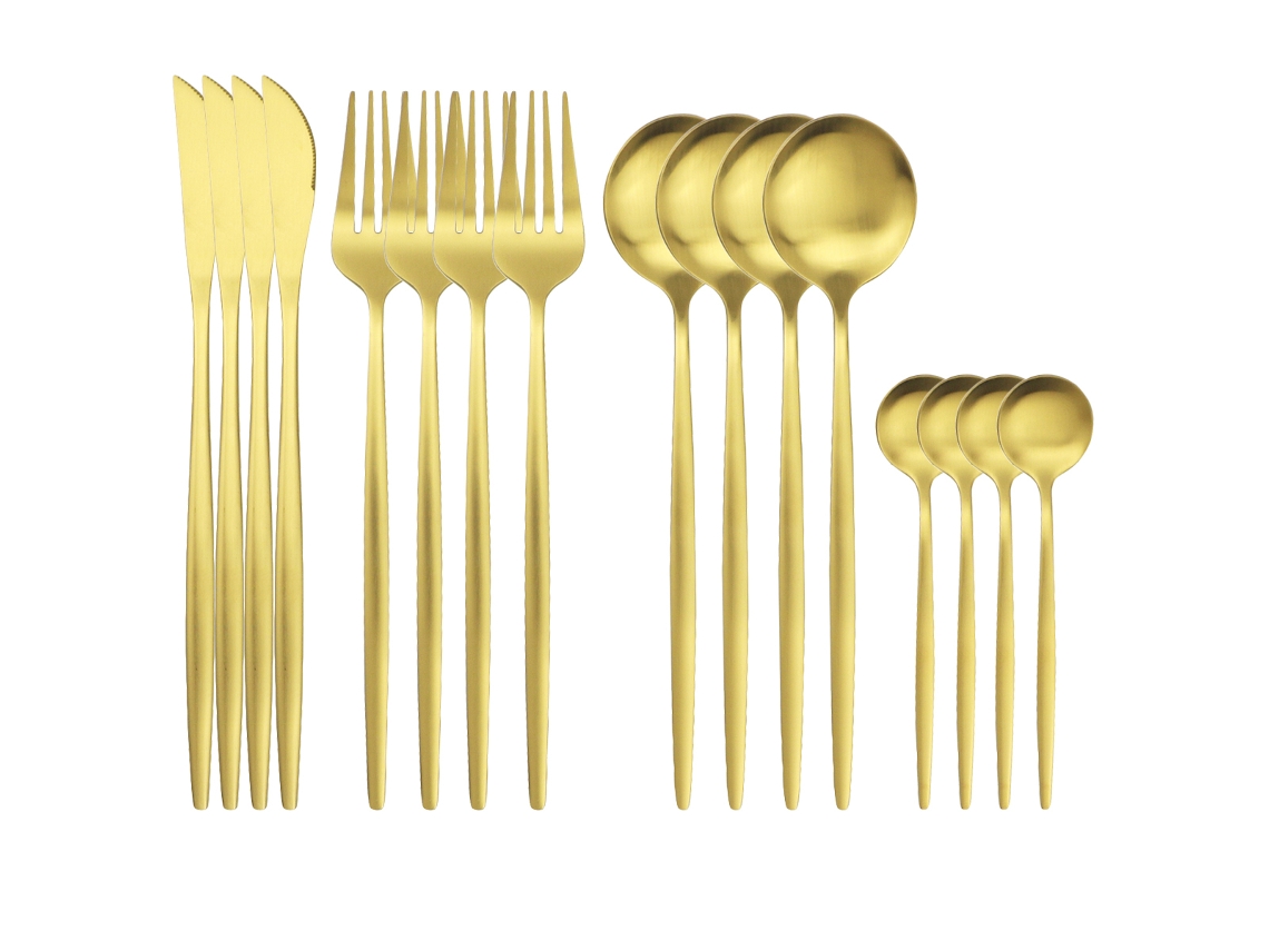 Conjunto de Talheres de 16 Peças em Aço Inoxidável e Vidro , Incluindo Faca, Colher, Garfo e Guardanapo. MDUG (dourado)
