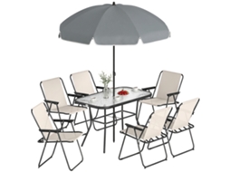 Conjunto Mesa E Cadeiras Jardim 8 Peças Com Guarda-sol, 6 Cadeiras Dobráveis E Mesa De Vidro Temperado, Creme