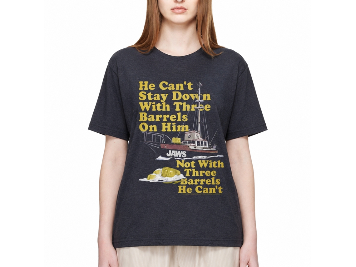 Rockinstone Jaws Movie 70's Barrels Heather Navy Adult T-shirt Size:m