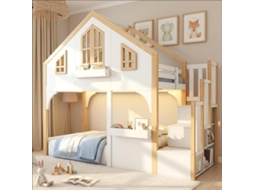 Beliche Infantil 90x200 cm Estilo Casa com Led e Escada com Armazenamento Branco/natural MOBRIO