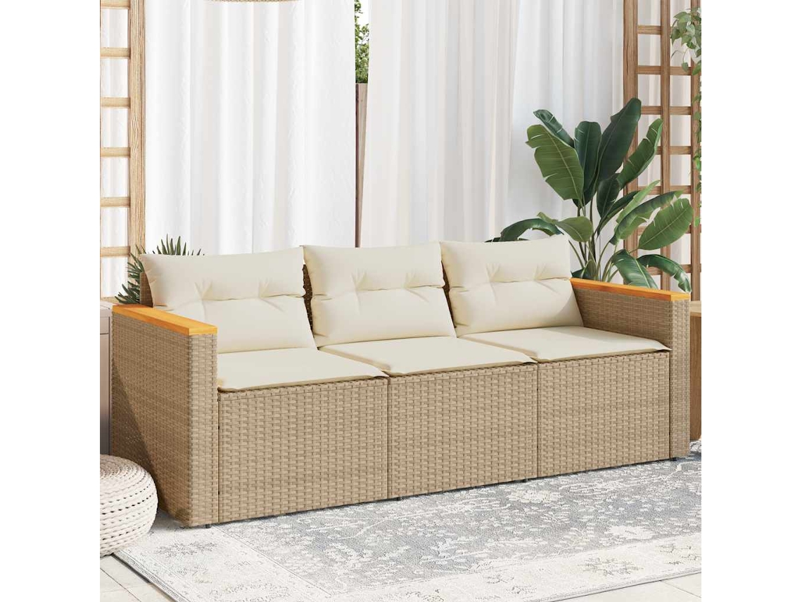 Vidaxl Sofá De Jardim De 3 Lugares Com Almofadões Vime Pe Bege