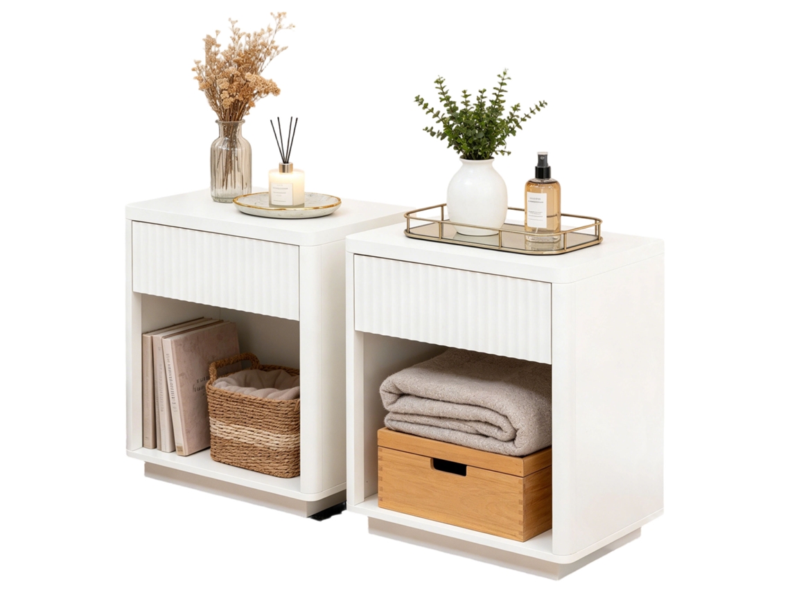 Conjunto De 2 Mesas De Cabeceira Com Gaveta E Prateleira Aberta Mdf Branco