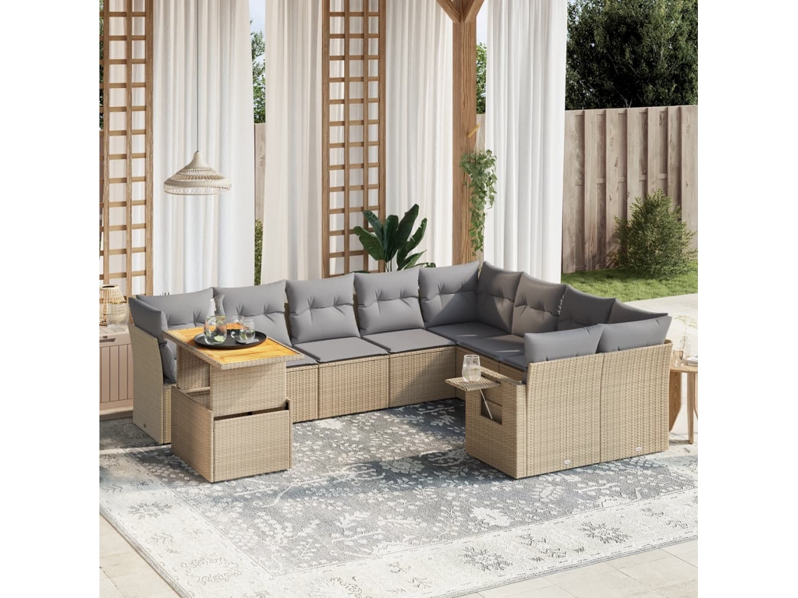 Vidaxl 10 Pcs Conjunto de Sofás P/ Jardim com Almofadões Vime Pe Bege