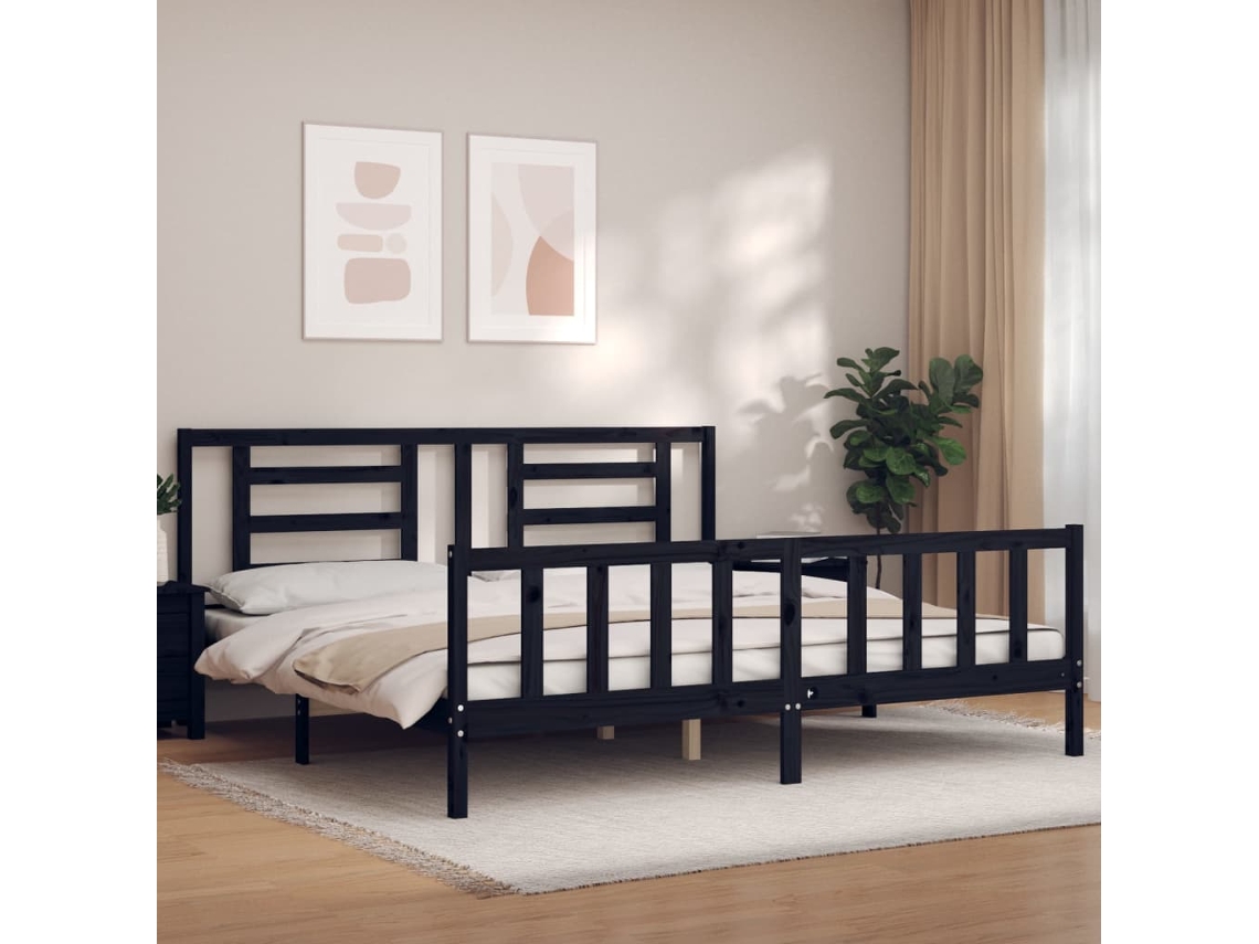 Vidaxl Estrutura de Cama com Cabeceira 200x200 Cm Madeira Maciça Preto