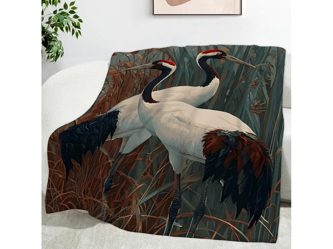 Manta White Crane de Junco 180x200 Cm Multifuncional Macia Aconchegante em Flanela Ideal para Cama Escritório