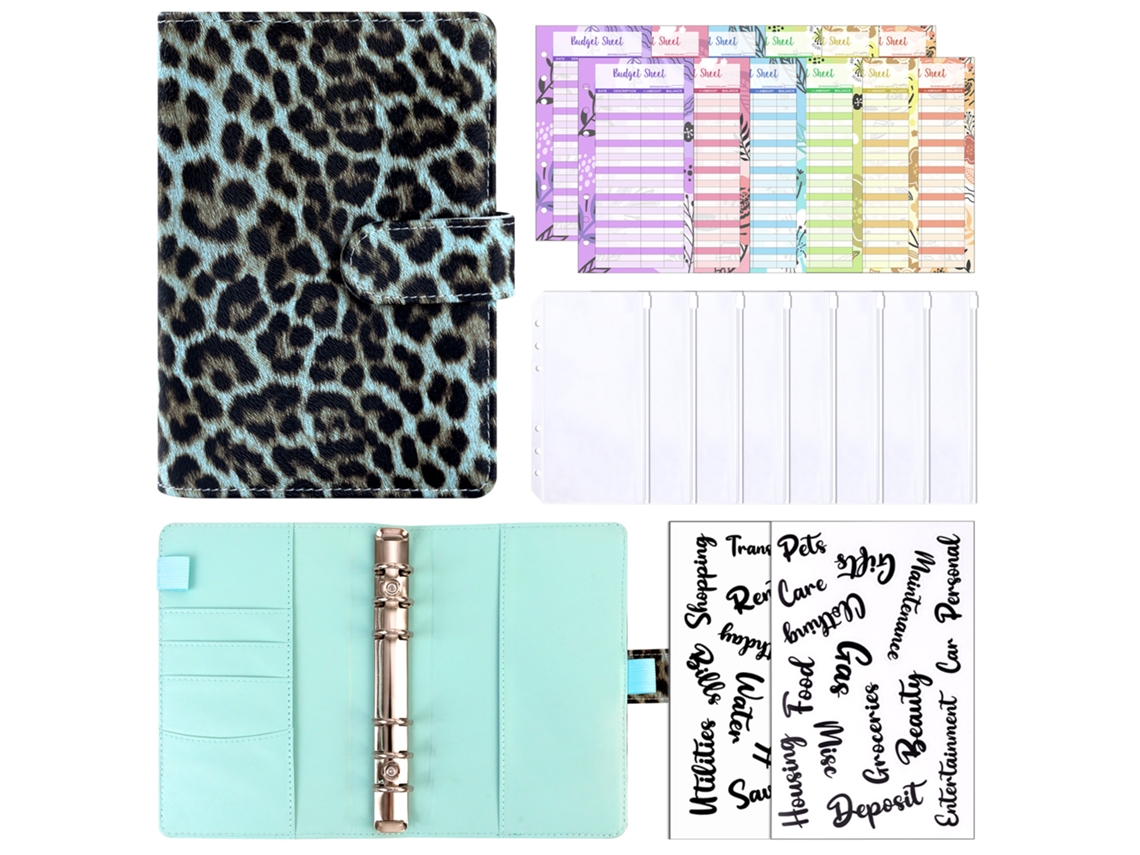 A6 Macaron Leopard Print Pu Leather Loose Leaf Notebook, Blue Cover Only With 12-cash Budget Cards, 8-bill Pockets