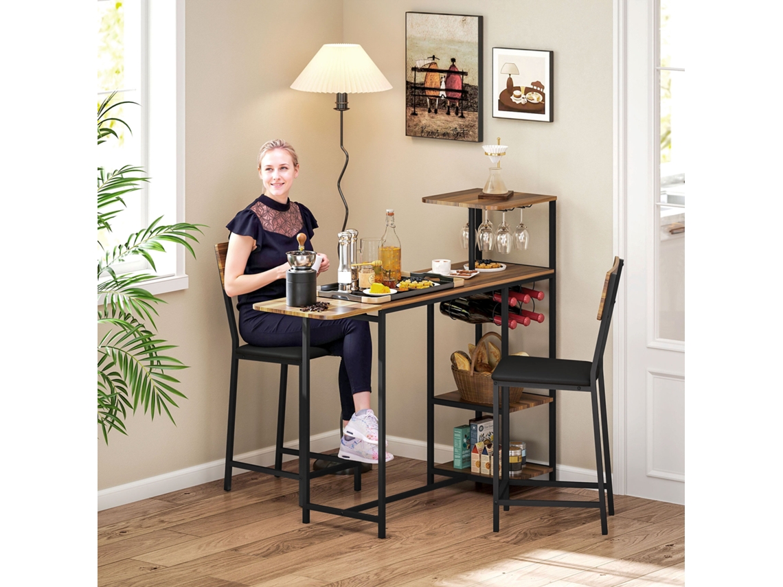 Conjunto De Mesa De Bar De 3 Peças Com 1 Mesa E 2 Cadeiras, Suporte Para Vinho E Copos, Prateleiras E Apoio Para Os Pés, Cor Marrom