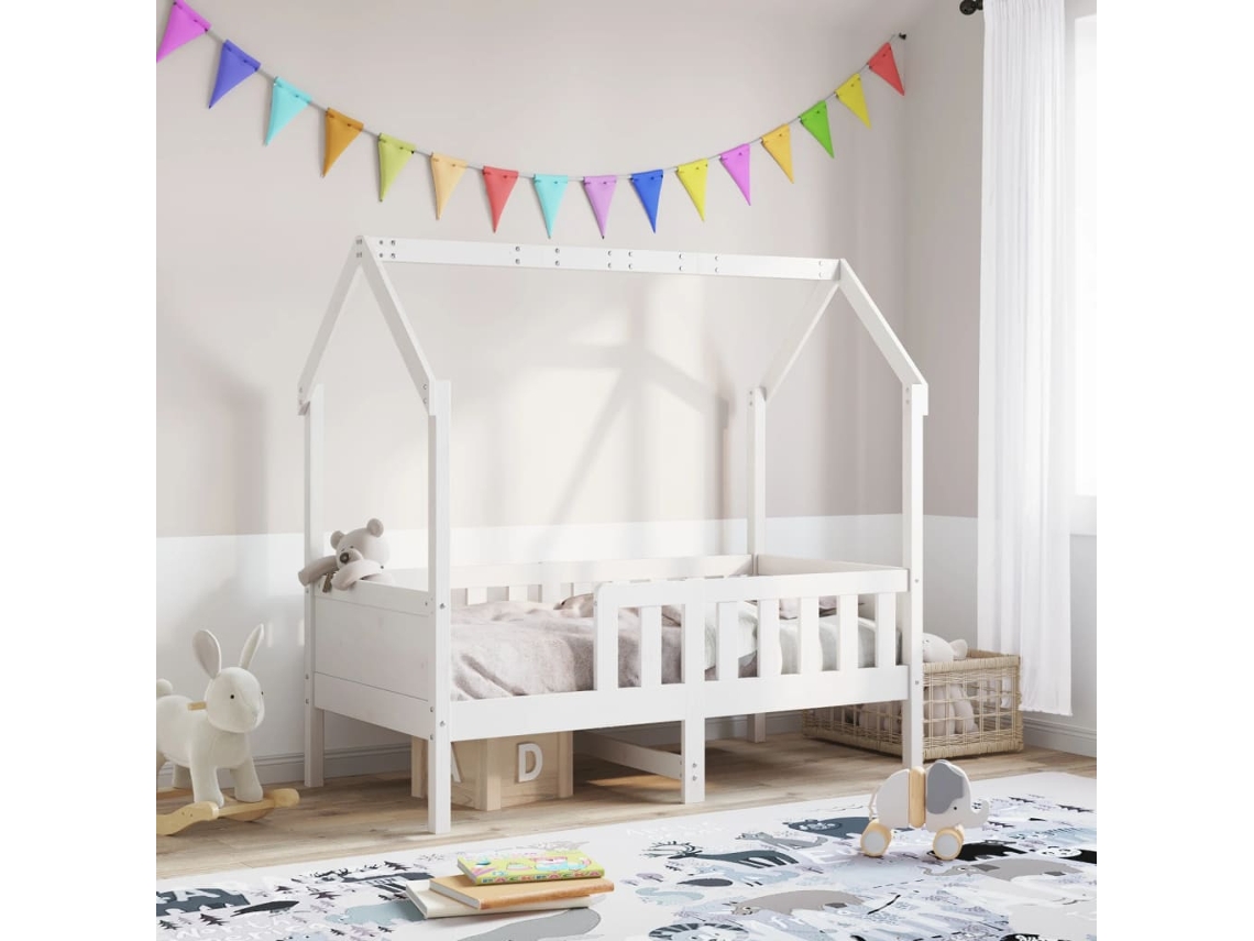 Cama Infantil Formato Casa 70x140 Cm Pinho Maciço Branco