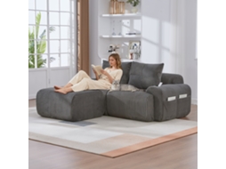 Sofá Modular 2 Lugares Veludo Cotelê Com Pufes Cinza Escuro