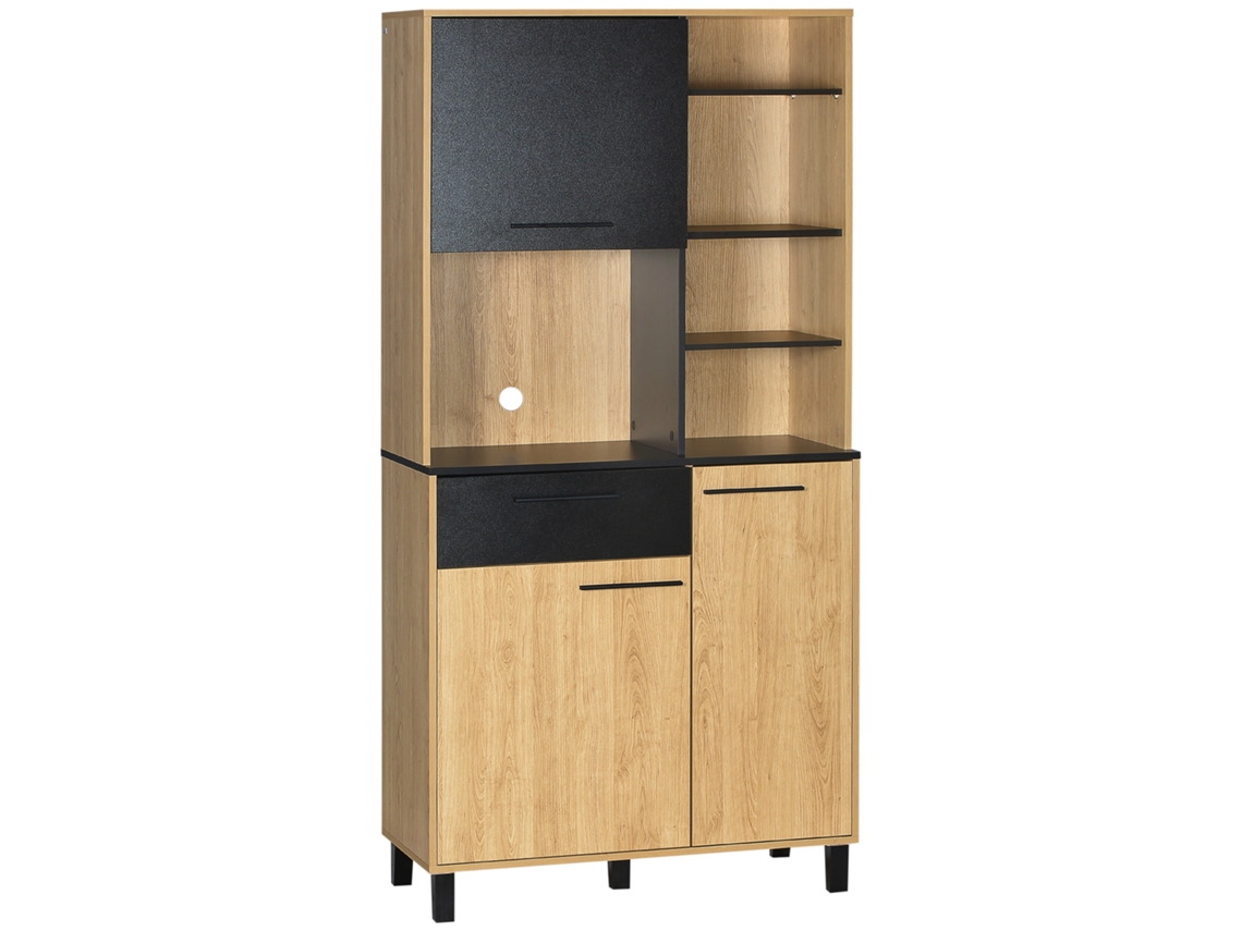 Armário De Cozinha Multi-armazenamento, Gaveta, 3 Armários, 4 Nichos E Passagem De Cabos, Altura 180cm, Preto E Madeira Natural
