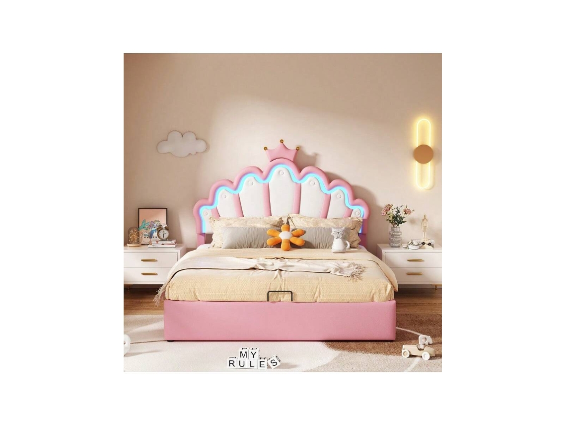 Cama De Solteiro 140x200cm Com Iluminação Ajustável, Cabeceira Coroada E Detalles De Princesa Em Rosa Ehstmind