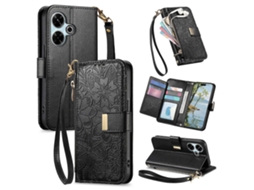 Capa Carteira De Couro Com Zíper, Estampa De Flores E Folhas, Com Alça, Para Celular Redmi 13 4g/5g