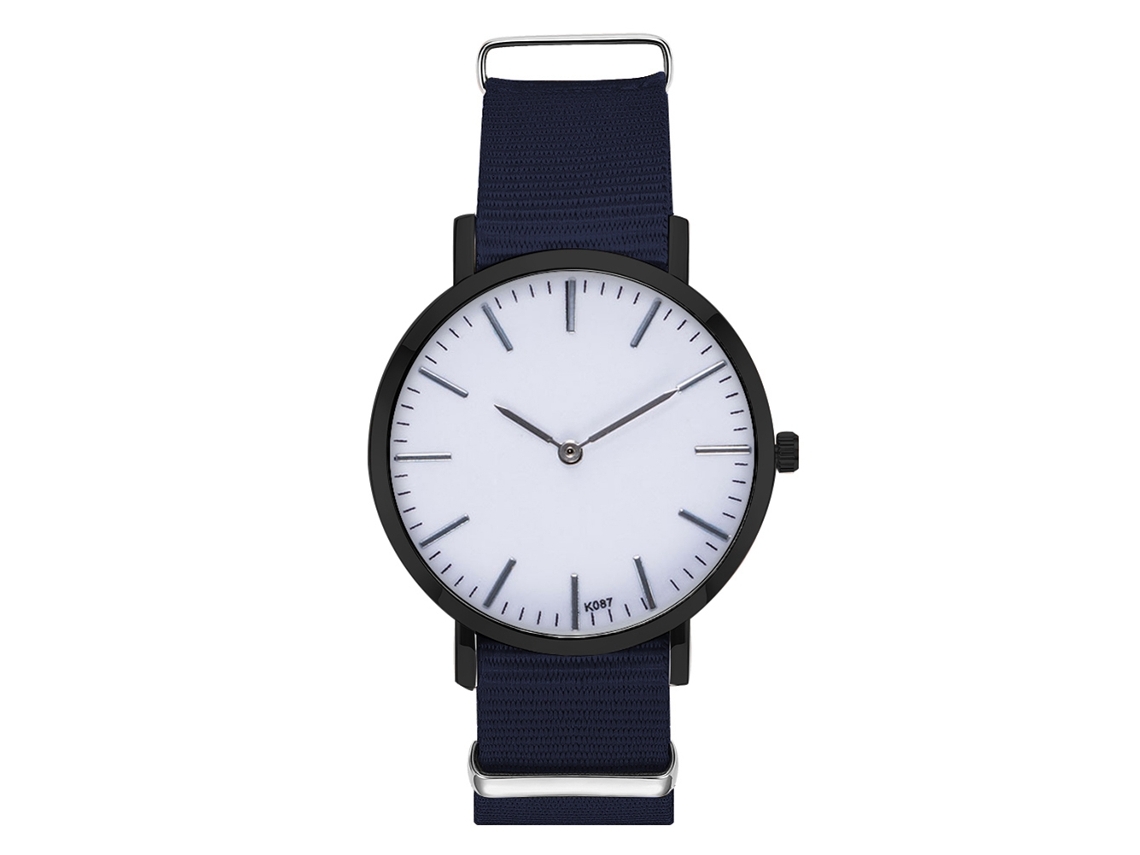 Relógio de casal moderno com pulseira de nylon, mostrador redondo e quartzo azul royal.