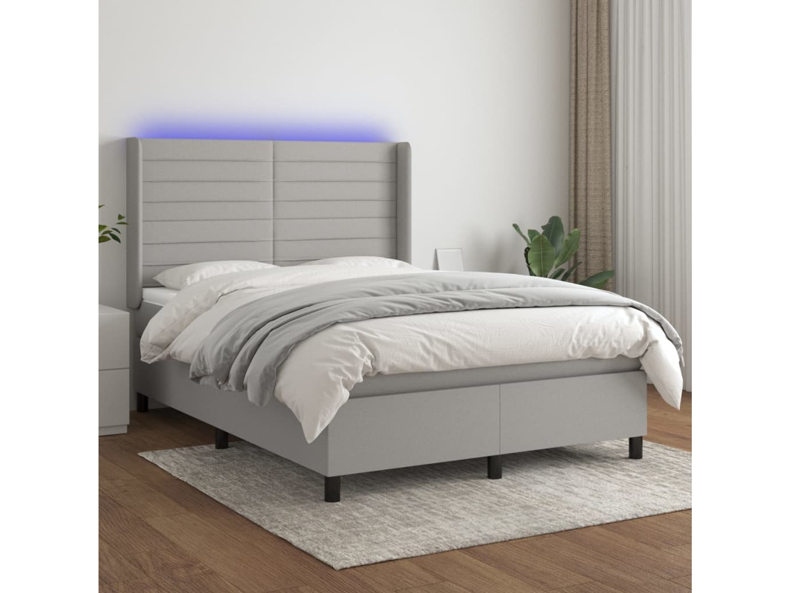 Vidaxl Cama Box Spring C/ Colchão E Led 140x200 Cm Tecido Cinza-claro