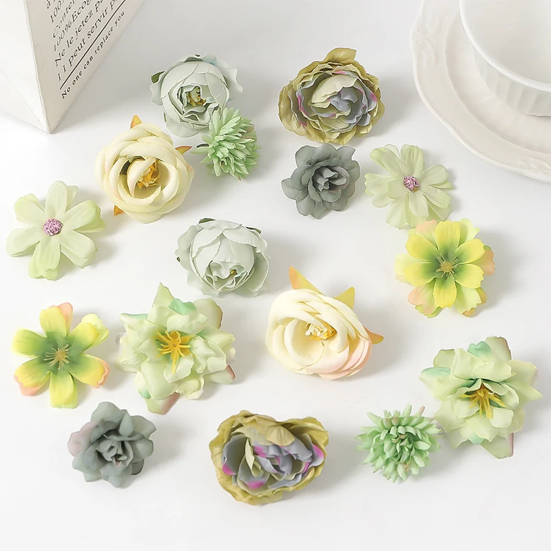 (verde) Cabeça De Flor Artificial De Rosa Misturada Com Seda, Decoração Para Casa