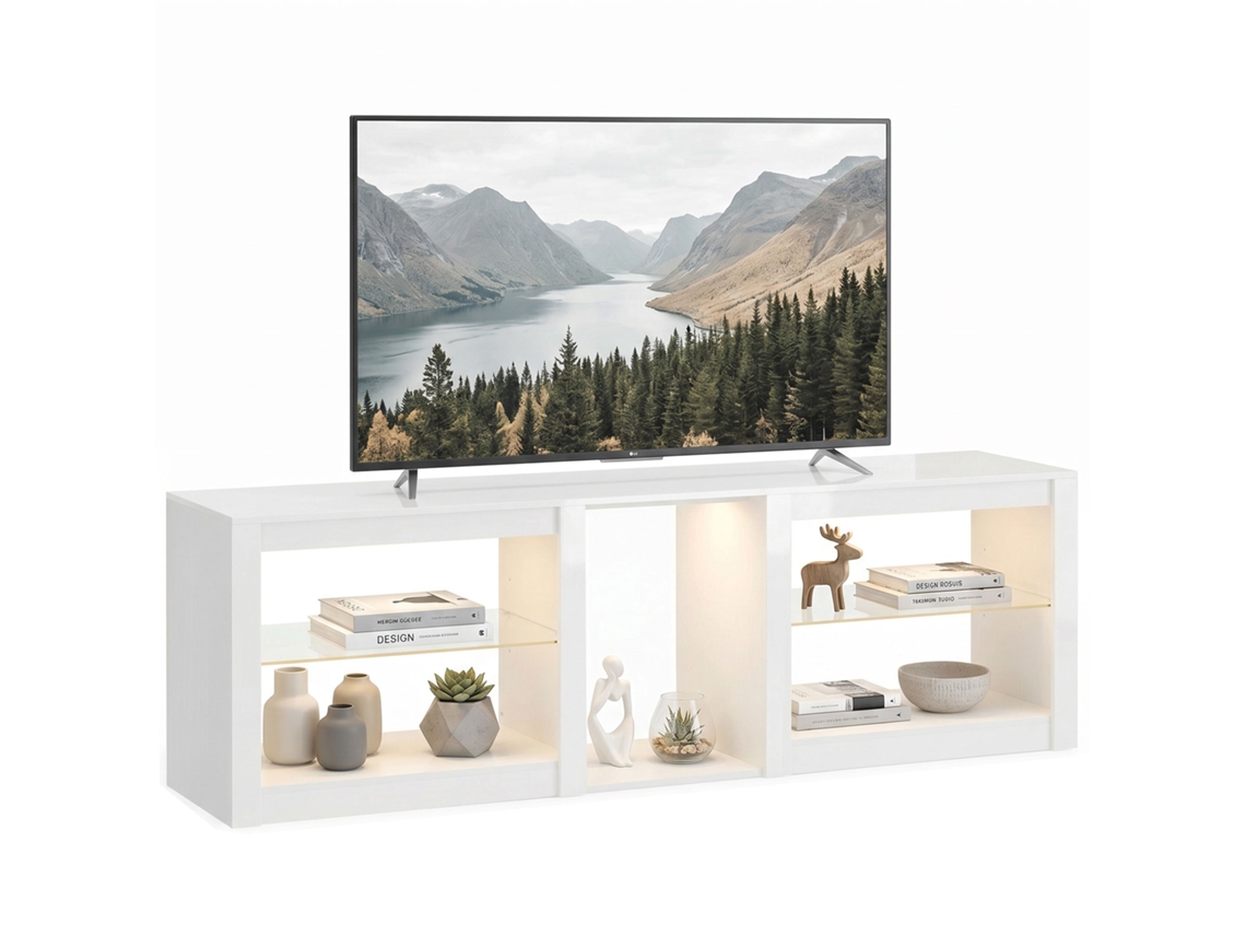 Móvel De Tv Baixo Com Iluminação Led Rgb, Móvel Moderno Com Prateleiras De Vidro Reguláveis Para Tv Até 75 Polegadas, Branco.