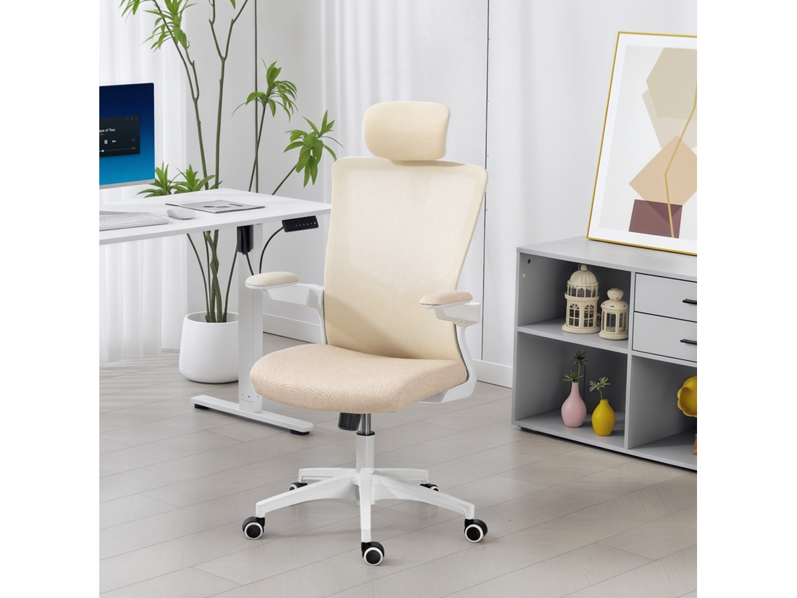 Cadeira De Escritório Ergonômica Bege 60x63x120cm Com Apoio Lombar, Encosto De Cabeça E Braços Revoltáveis