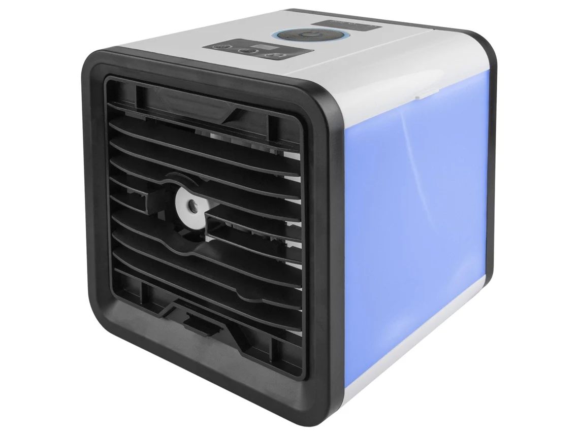 Climatizador de ar portátil Brilvibera com ar frio, reservatório de água e luzes LED coloridas.
