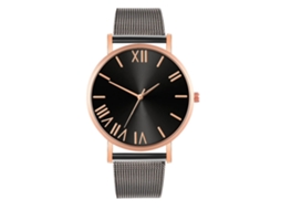 Relógio de casal com pulseira de malha, estilo casual e moderno, preto e ouro rosa.