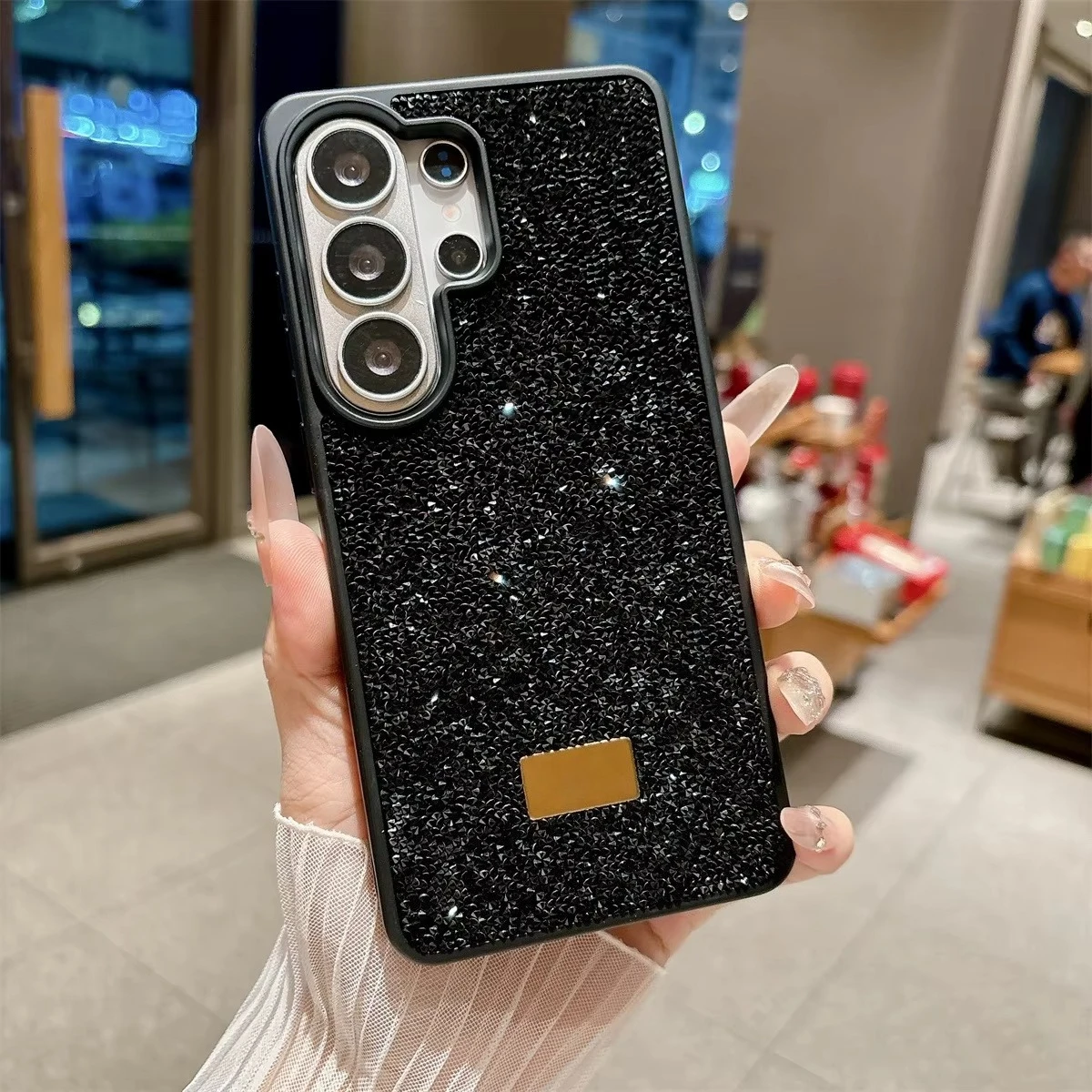 (preto, Galaxy S24) Capa Brilhante Para Celular Samsung, Com Logotipo Metálico Na Parte Traseira E Proteção Completa.