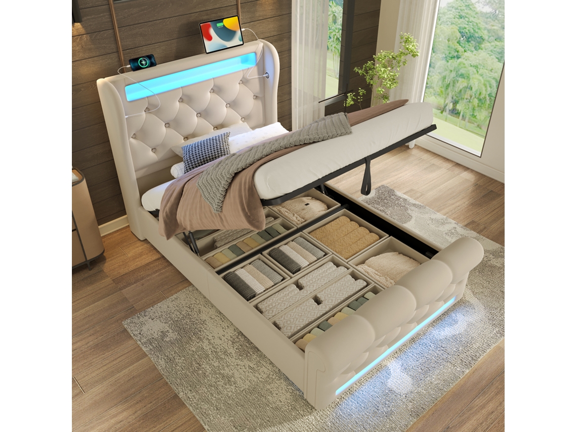 Cama Solteiro Veludo Bege 90x200 Cm, Led, Usb-c, Baú Hidráulico, Arrumação
