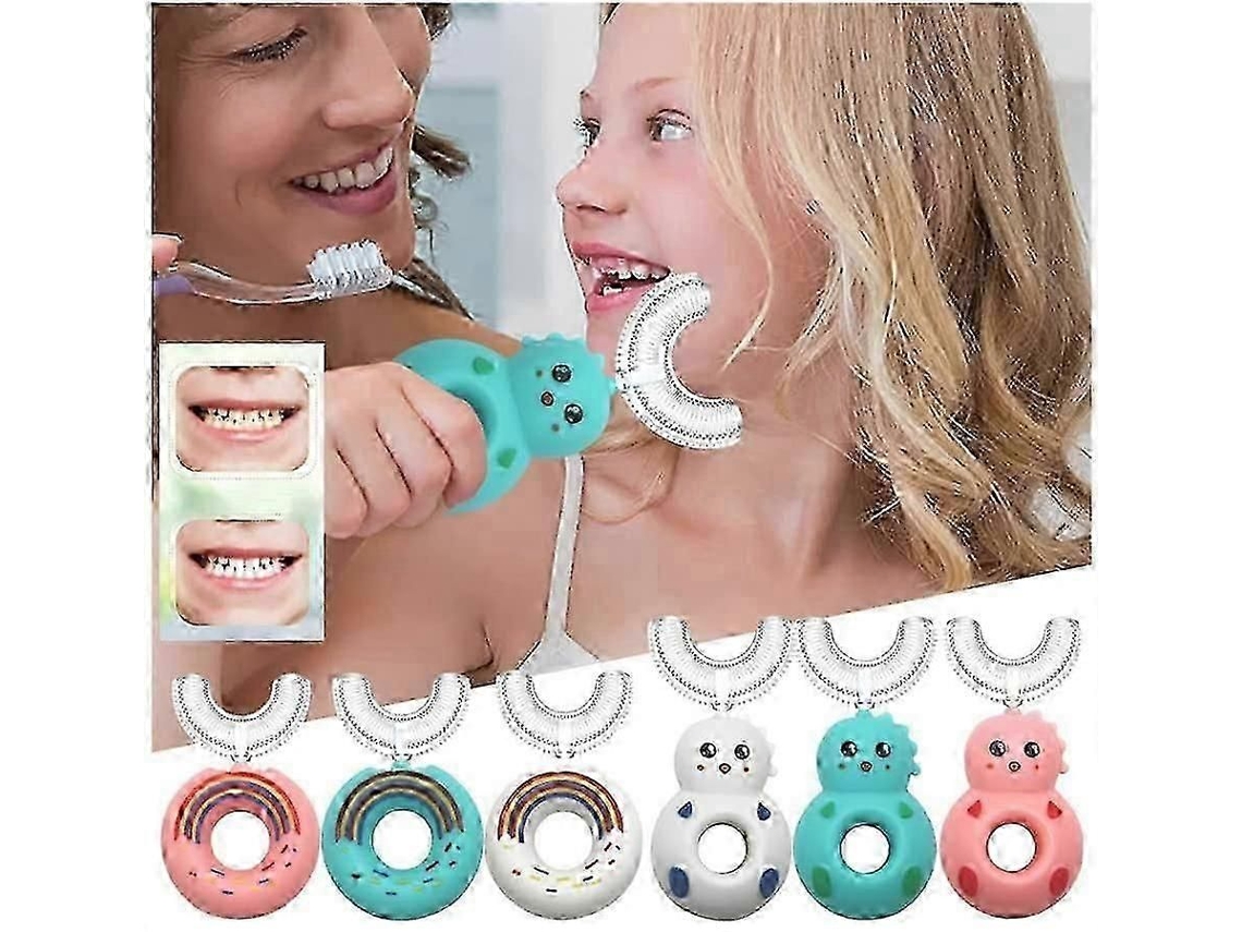 Escova de Dentes Infantil em Formato U para Crianças 2 a 6 Anos Clareadora com Massagem e Cabeça D Silicone Macia. GOKOCO
