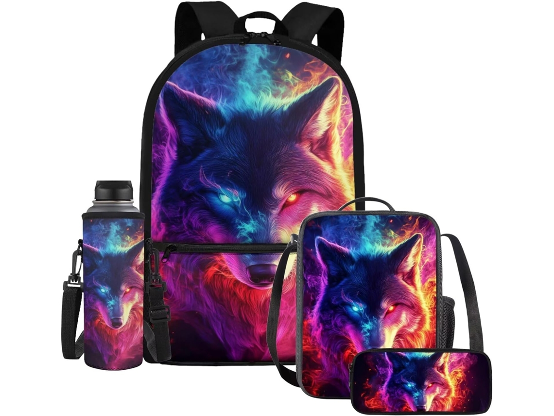 Conjunto De 4 Mochilas E Lancheira Com Porta-garrafa Estojo, Wolf Fire, Tamanho Único, Mochila