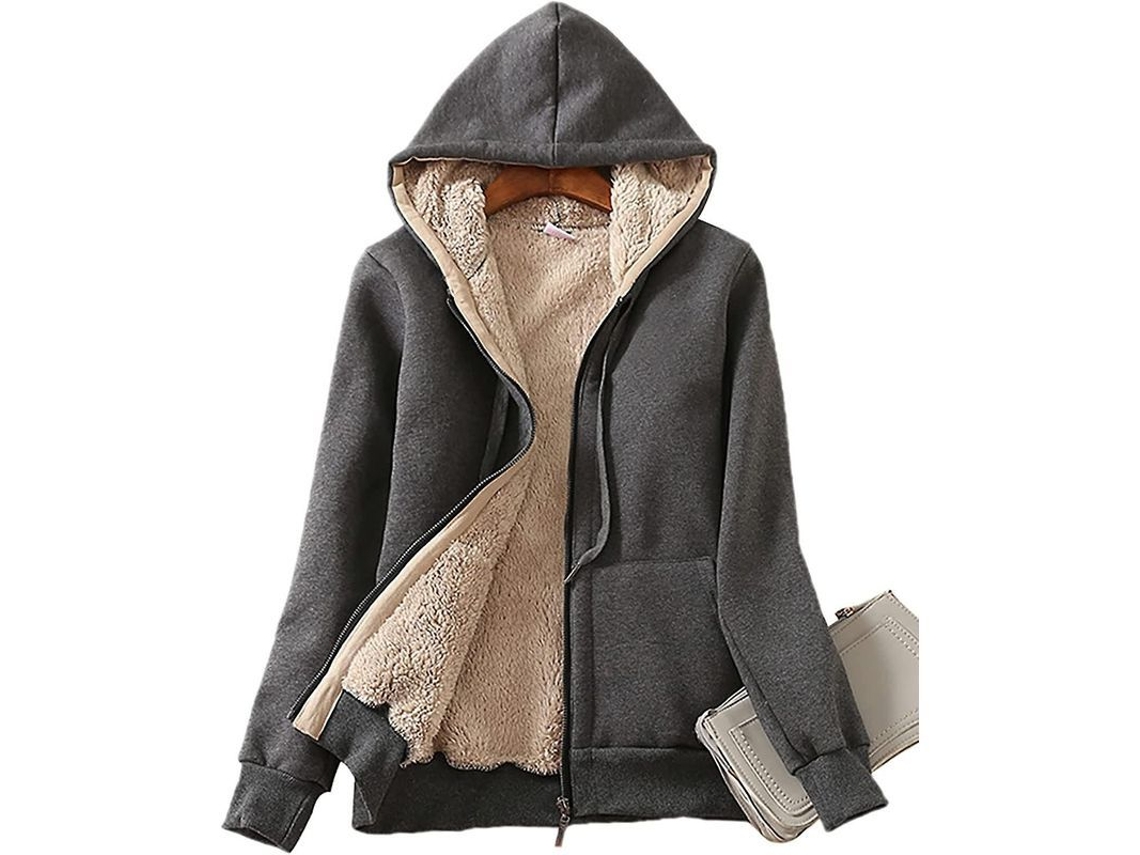 Jaqueta de Fleece Sherpa Gorda de Inverno Casual para Mulheres com Zíper Completo e Capuz