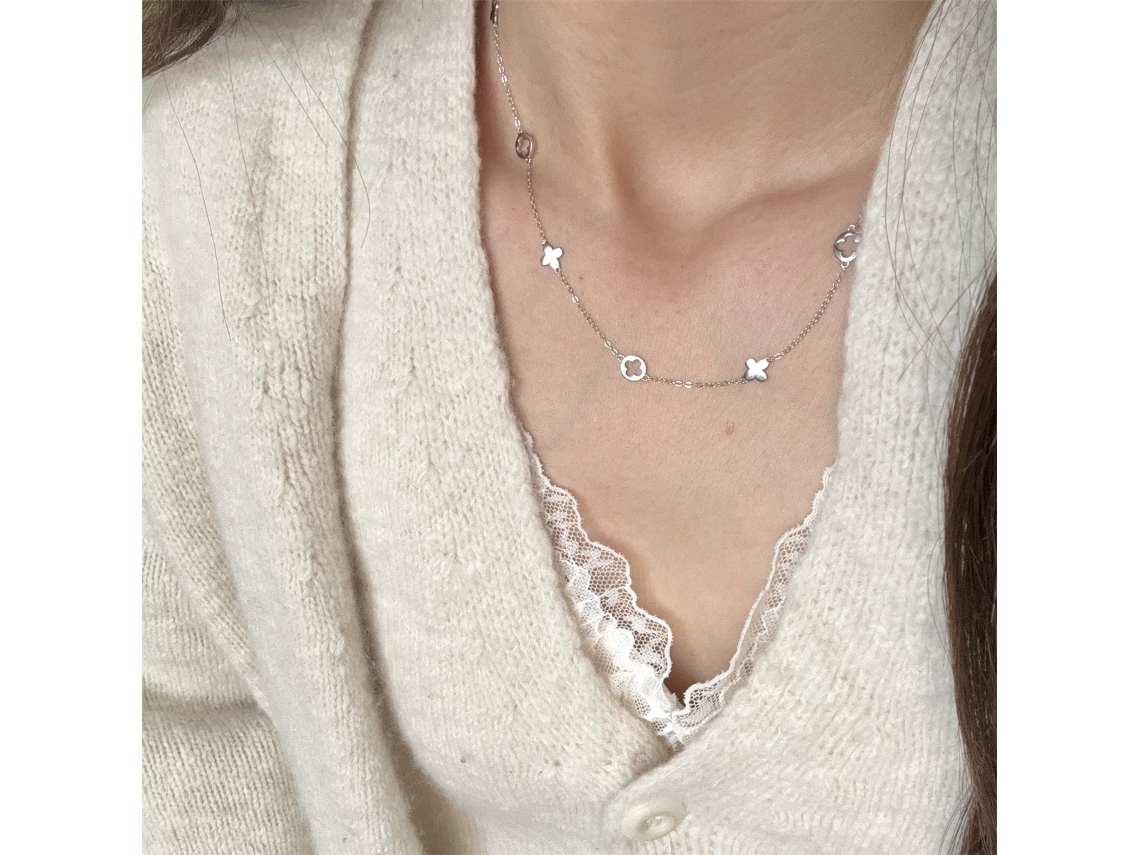 Colar Em Prata De Lei 925 Estilo Coreano (ouro Branco), Com Pingente De Trevo De Quatro Folhas Vazado Em Camada Única, Estilo Delicado E Moderno.