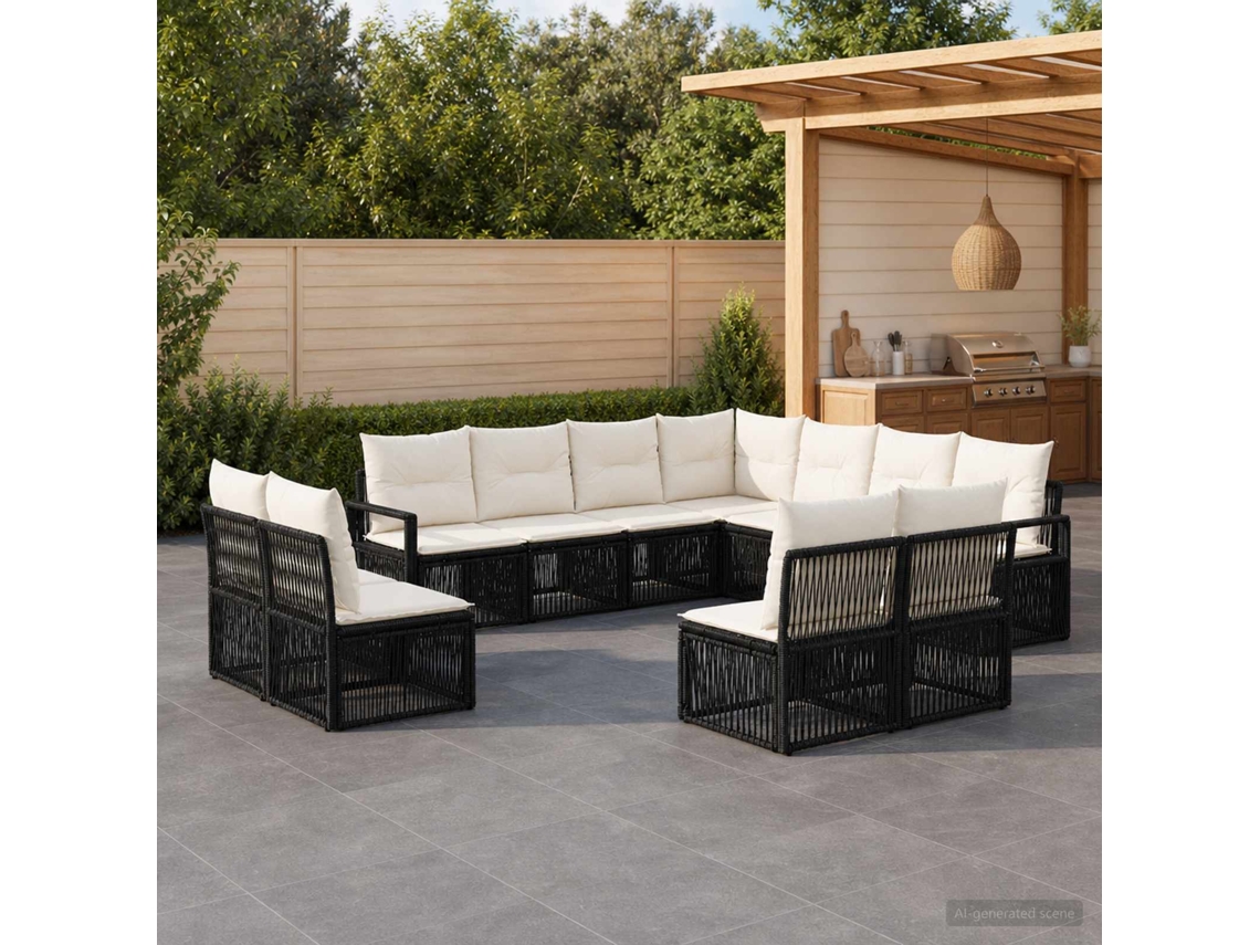 Vidaxl Conjunto De Sofá De Jardim 11 Pcs Preto Vime Pe