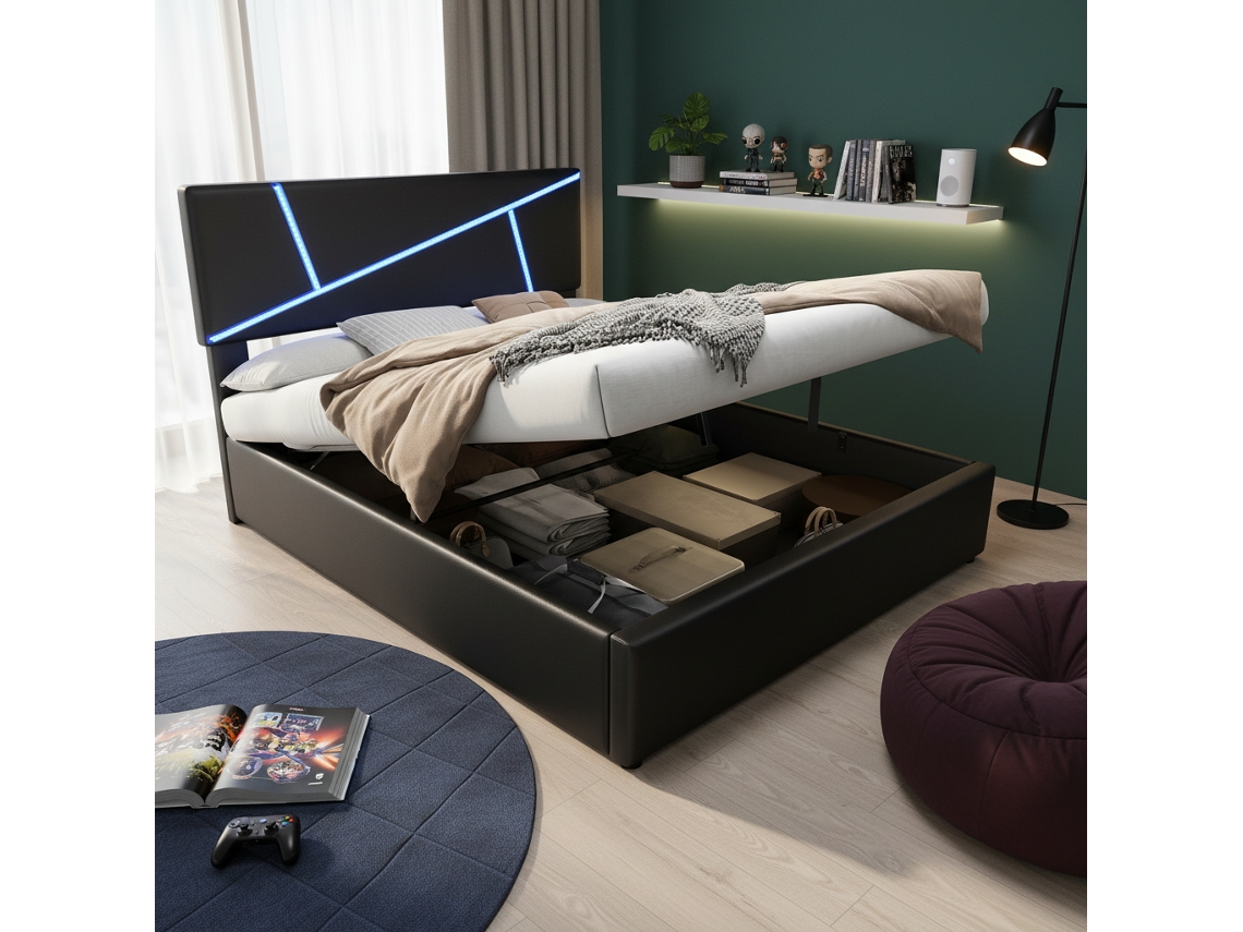 Cama Solteiro Preta 90x200 Cm, Led, Encosto Estofado, Hidráulica