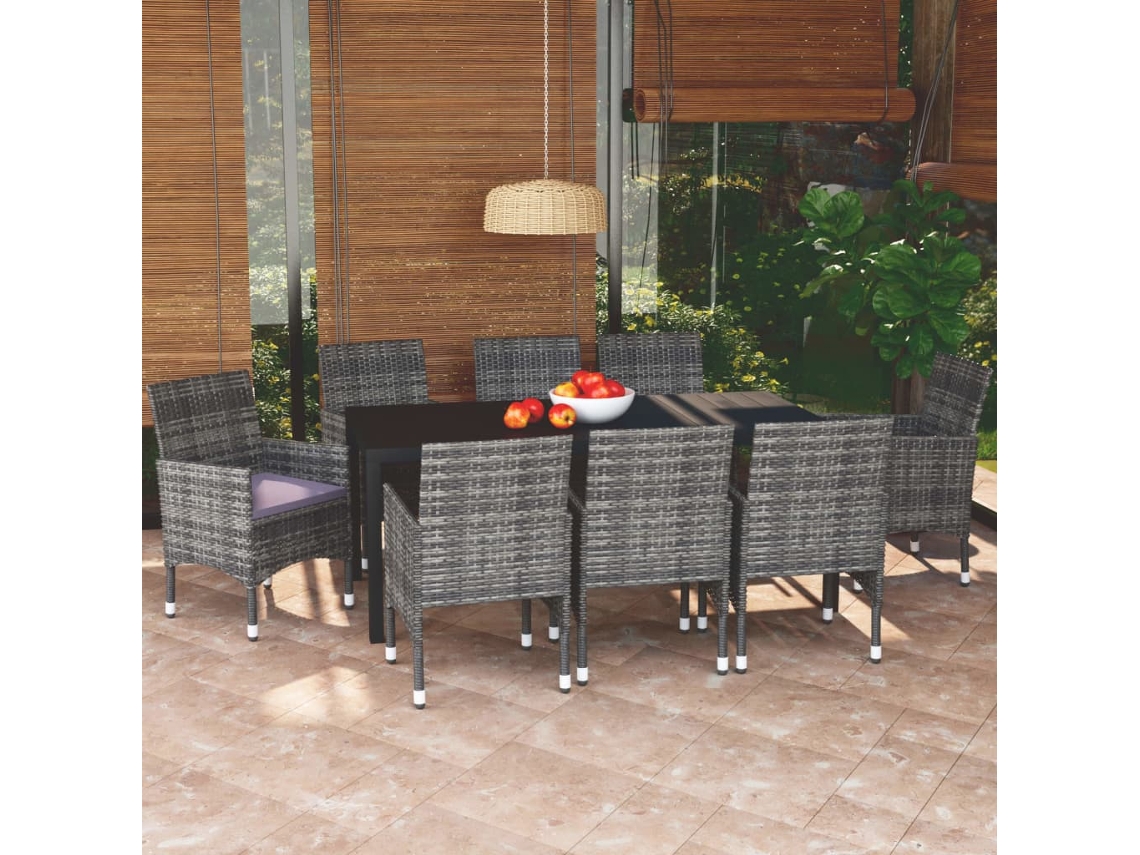 Vidaxl 9 Pcs Conjunto Jantar P/ Jardim C/ Almofadões Vime Pe Cinzento