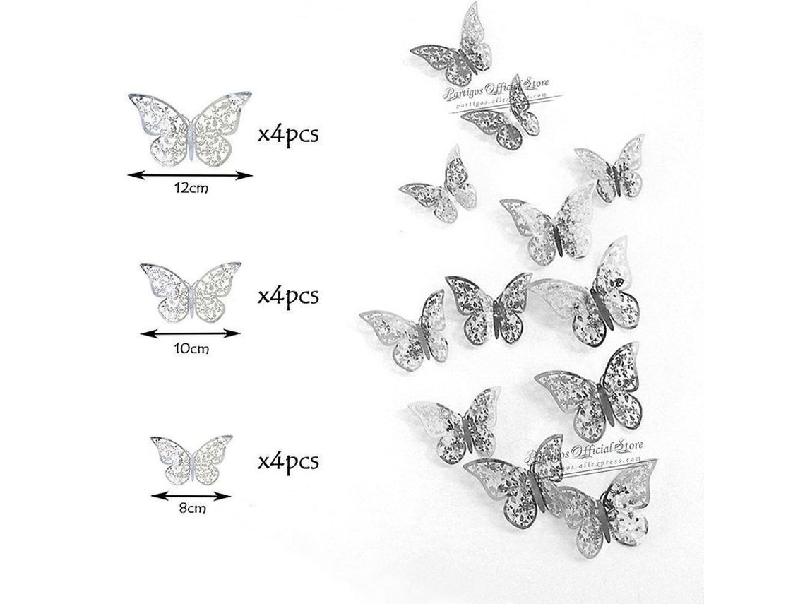 12pcs Pegatinas De Mariposas Huecas 4d Para Decoración De Pared, Diy, Fiestas, Bodas Y Habitaciones Infantiles Plata 1
