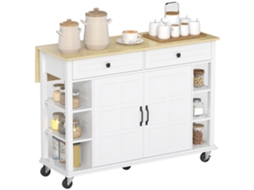 Ilha de Cozinha Dobrável com Rodas, branco, com 2 portas com fecho suave, 2 gavetas, 6 prateleiras abertas, 120x65x89cm S/MARCA