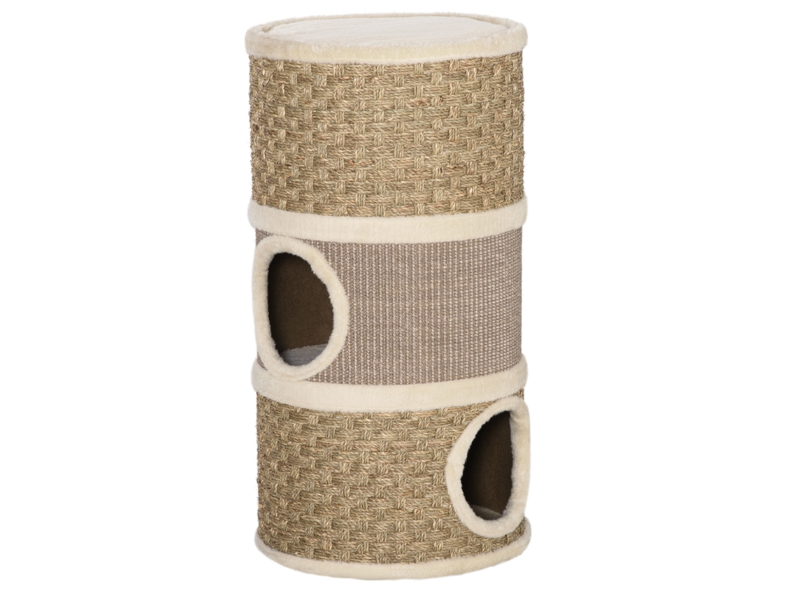 Torre de Arranhar a Torre da Casa Dos Gatos com 3 Nichos: Corda de Sisal e Algas Marinhas, Borda de Pelúcia, Cáqui e Marrom Ge