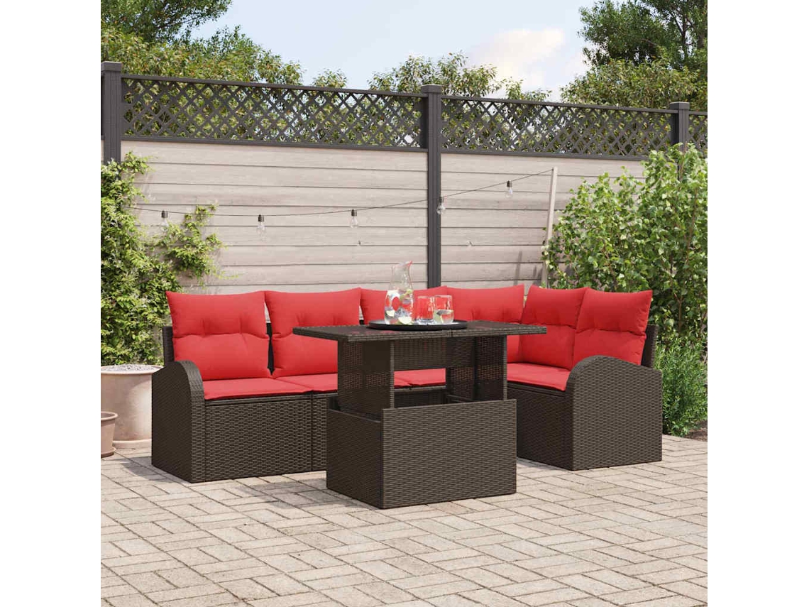 Vidaxl Conjunto De Sofá De Jardim 6 Pcs Castanho E Vermelho Vime Pe