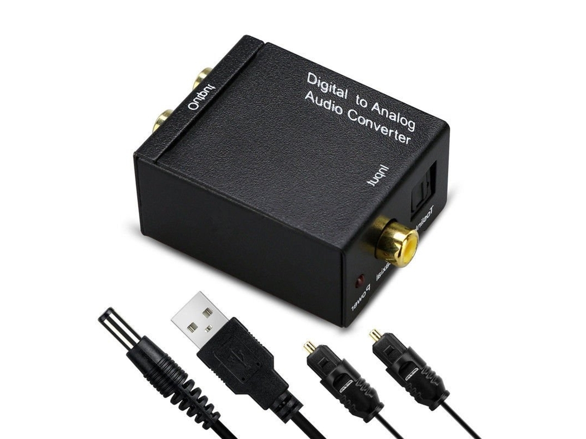 Adaptador Conversor De Áudio Digital Óptico Coaxial Para Analógico Rca L/r Com Cabo De Fibra E Cabo Usb E Mainframe Preto*