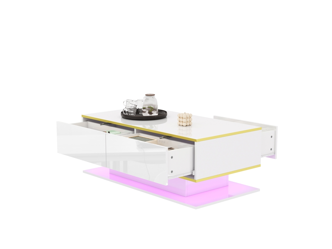 Mesa De Centro Led Moderna 100 Cm, Alto Brilho, Detalhes Dourados, 3 Gavetas E Fita Led Usb (requer Adaptador/powerbank).