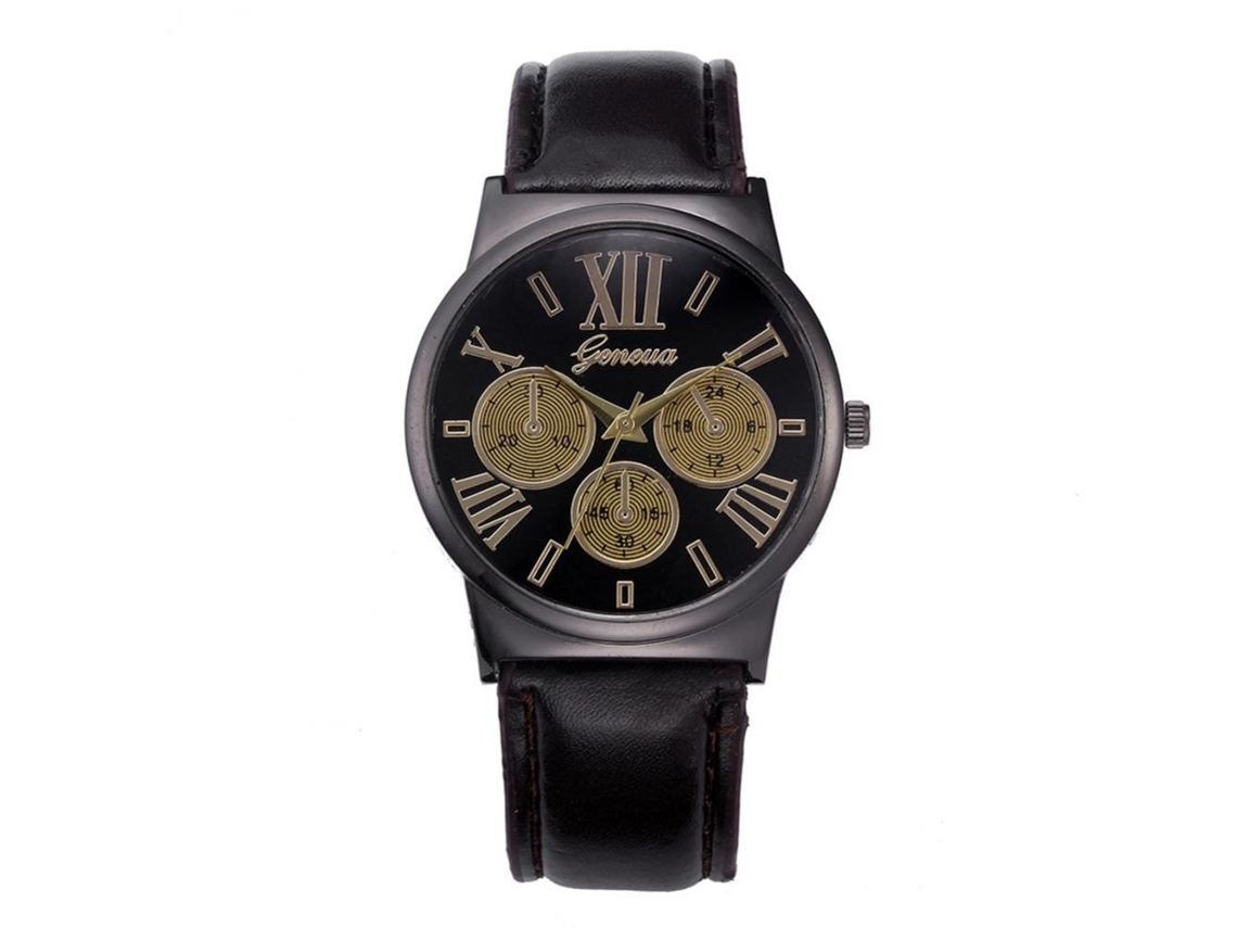 Relógio de pulso casual com numerais romanos e pulseira de couro PU preta.