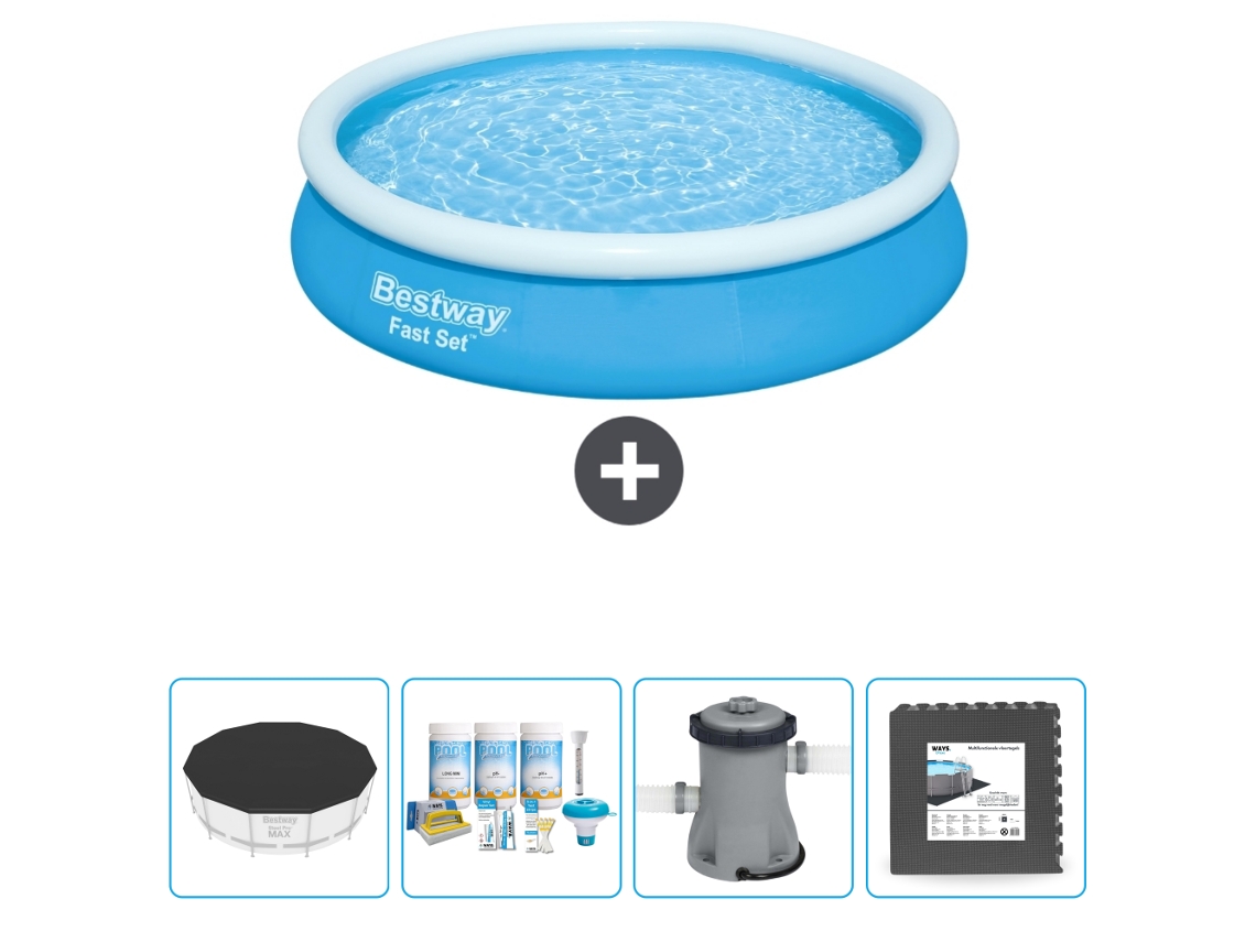 Piscina Inflável Redonda BESTWAY Fast Set 366 X 76 Cm Azul Incluída Cobrir Pacote de Manutenção Bombear Ladrilhos