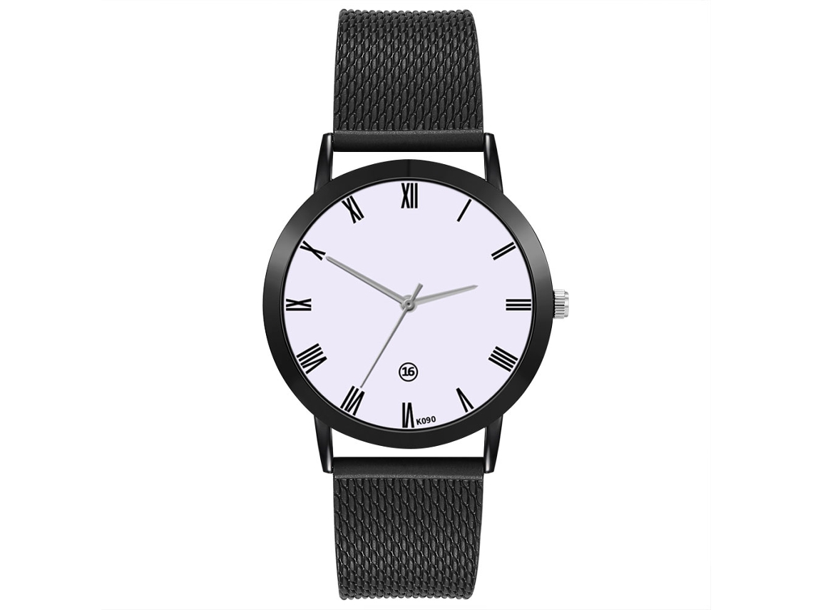Relógio de pulso masculino elegante com pulseira de PVC, mostrador redondo, movimento de quartzo, preto.