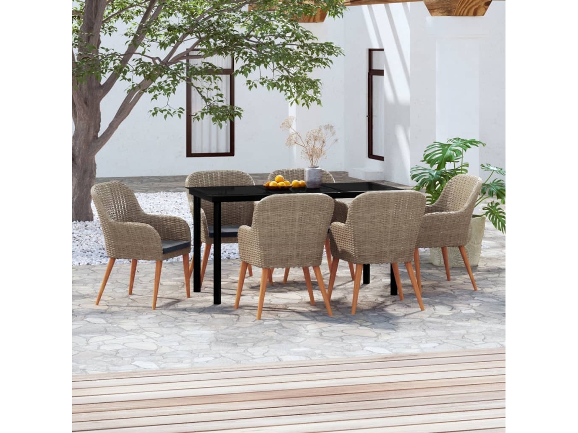Vidaxl 7 Pcs Conjunto De Jantar Para Jardim Com Almofadões Castanho