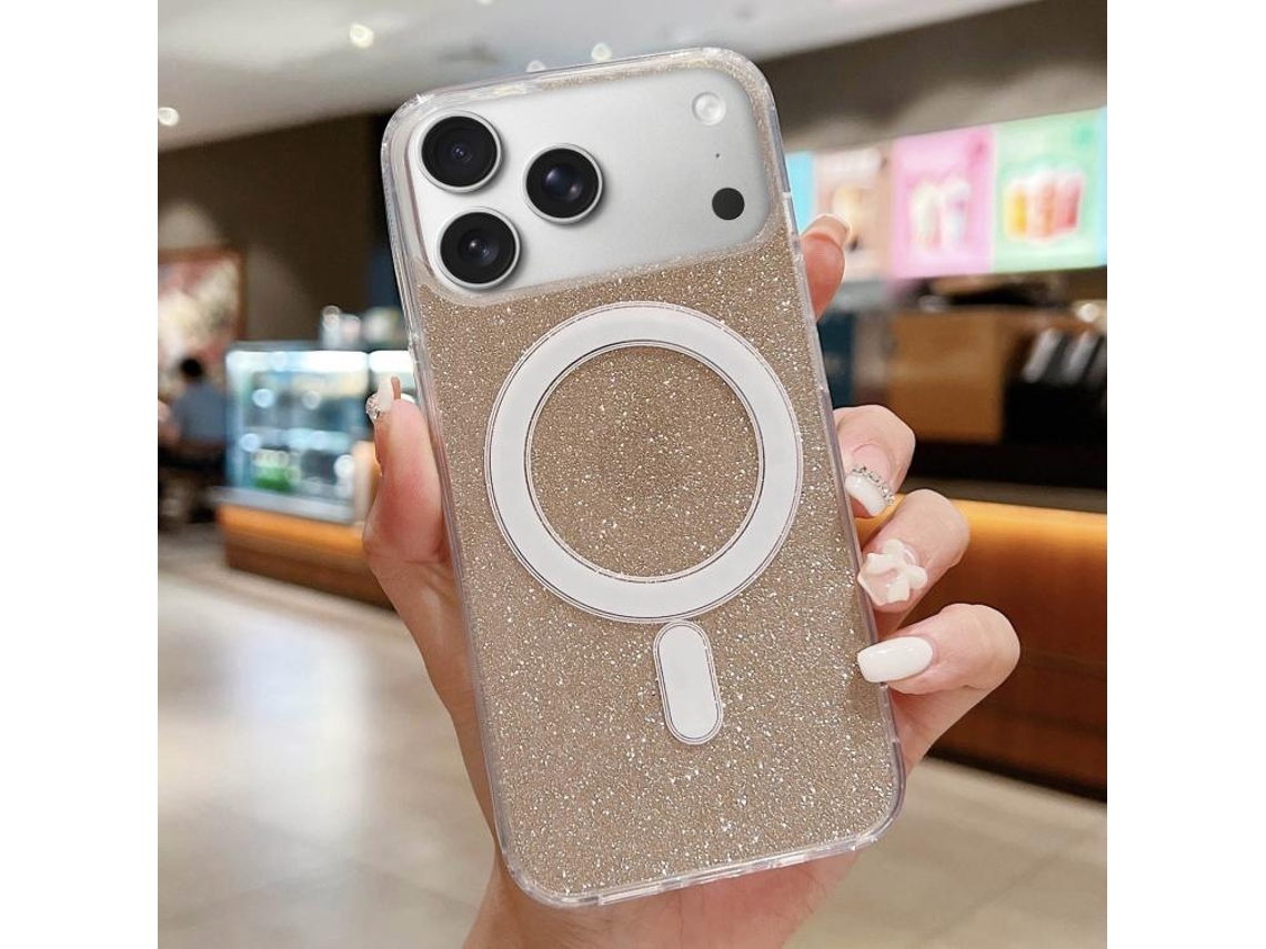 Capa Transparente Com Glitter Para Iphone 17 Pro Max - Acrílico - Magsafe - Dourada