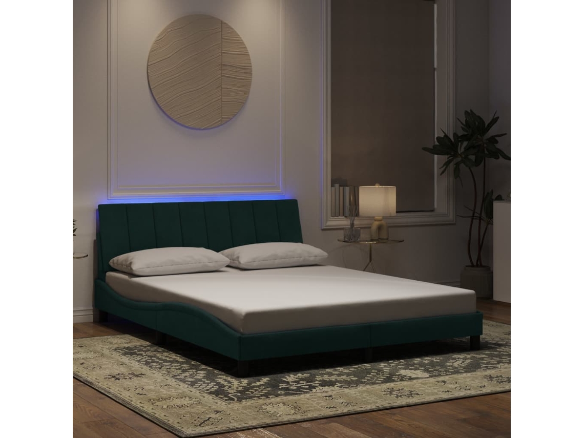 Estrutura De Cama C/ Luzes Led 160x200 Cm Veludo Verde-escuro