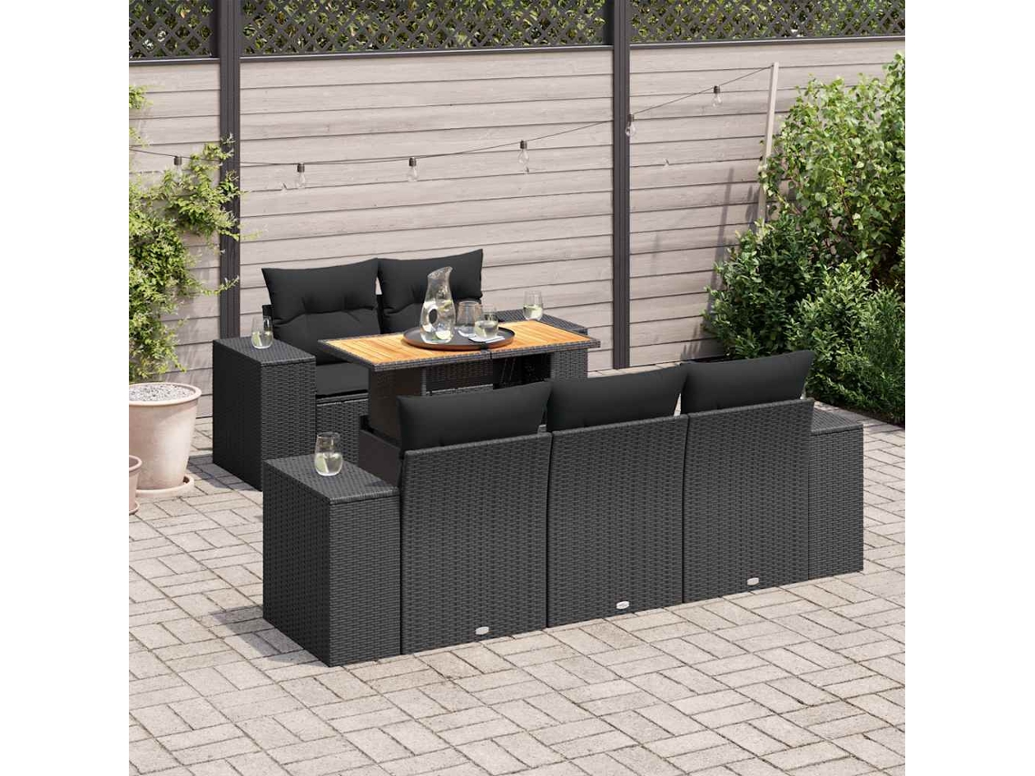 Vidaxl 6 Pcs Conjunto Sofás De Jardim C/ Almofadões Vime Pe Preto