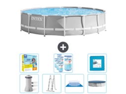 Piscina INTEX Round Prism Frame 427 X 107 Cm Cinza Inclui Bomba Escada Lençol Cobertura Pacote de Manutenção Filtros Ladrilhos