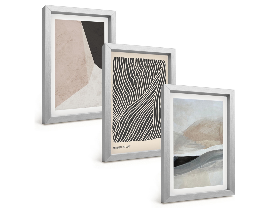 Composição De Quadros Padrões Abstratos Em Bege E Cinza Espelharte (3 Peças 20x30 Cm)