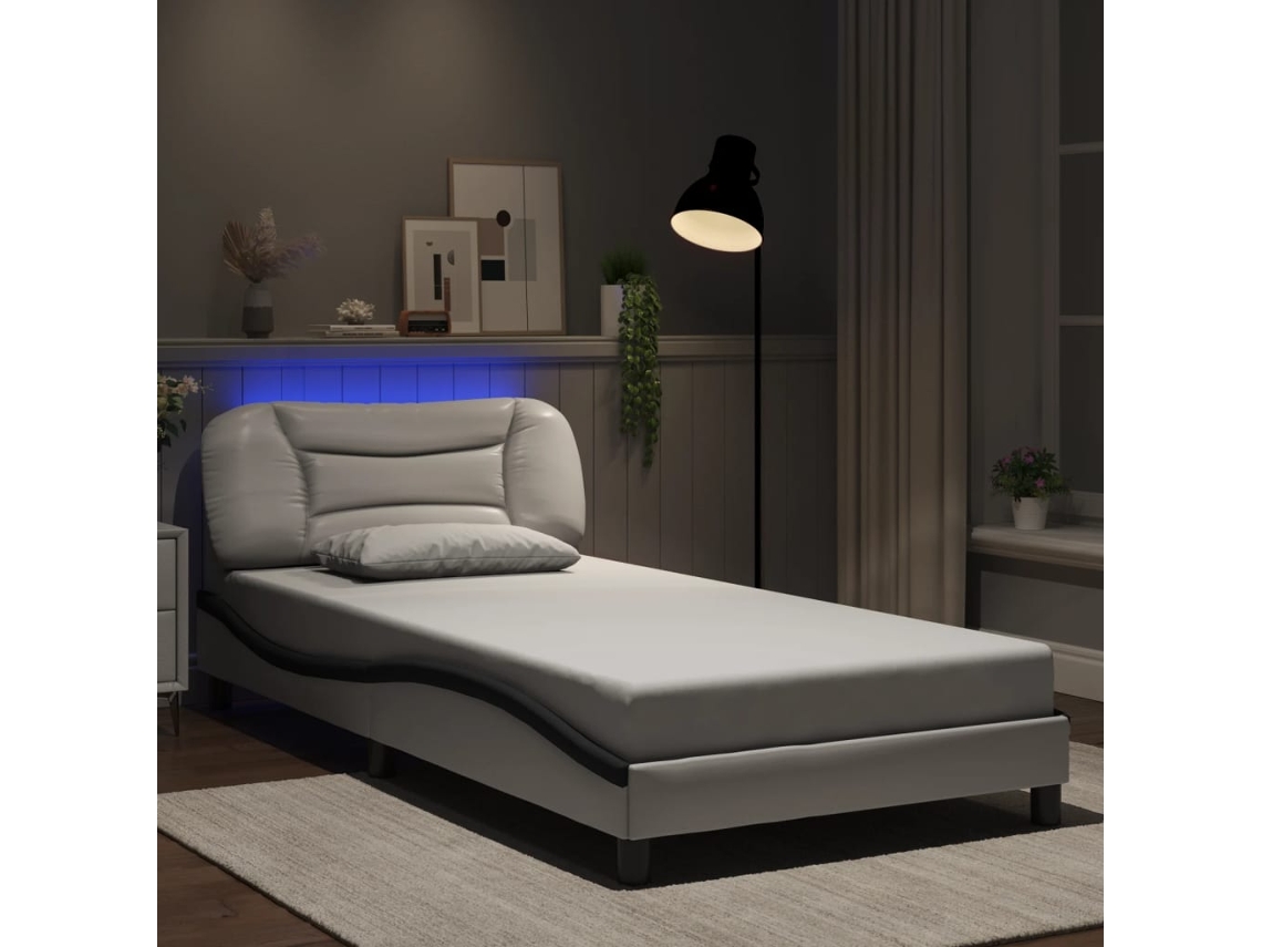Estrutura Cama C/ Luzes Led 100x200cm Couro Artif. Branco/preto